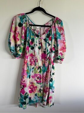 H&M Floral Puff-Sleeve Mini Dress in Pink, Teal & Cream XS